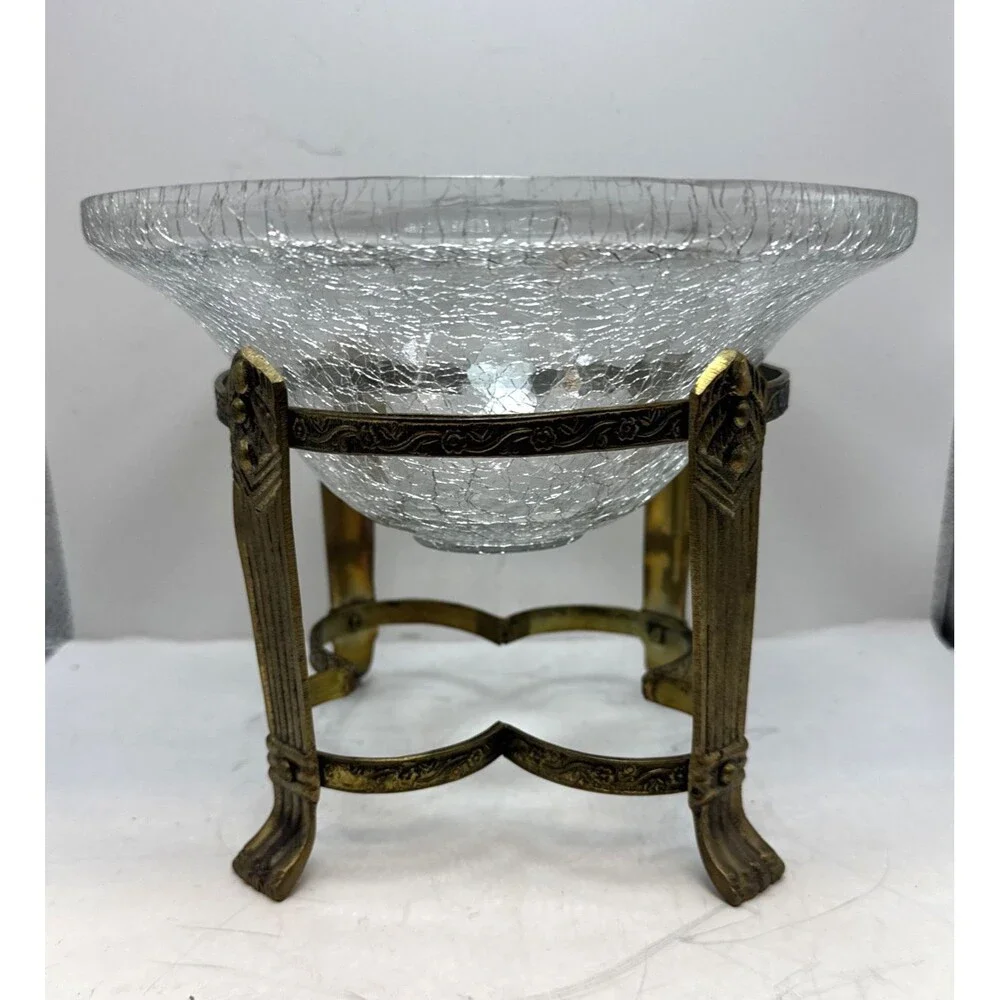 Vintage Glass Potpourri Bowl Orb  Brass  Stand Floral Decor Footed